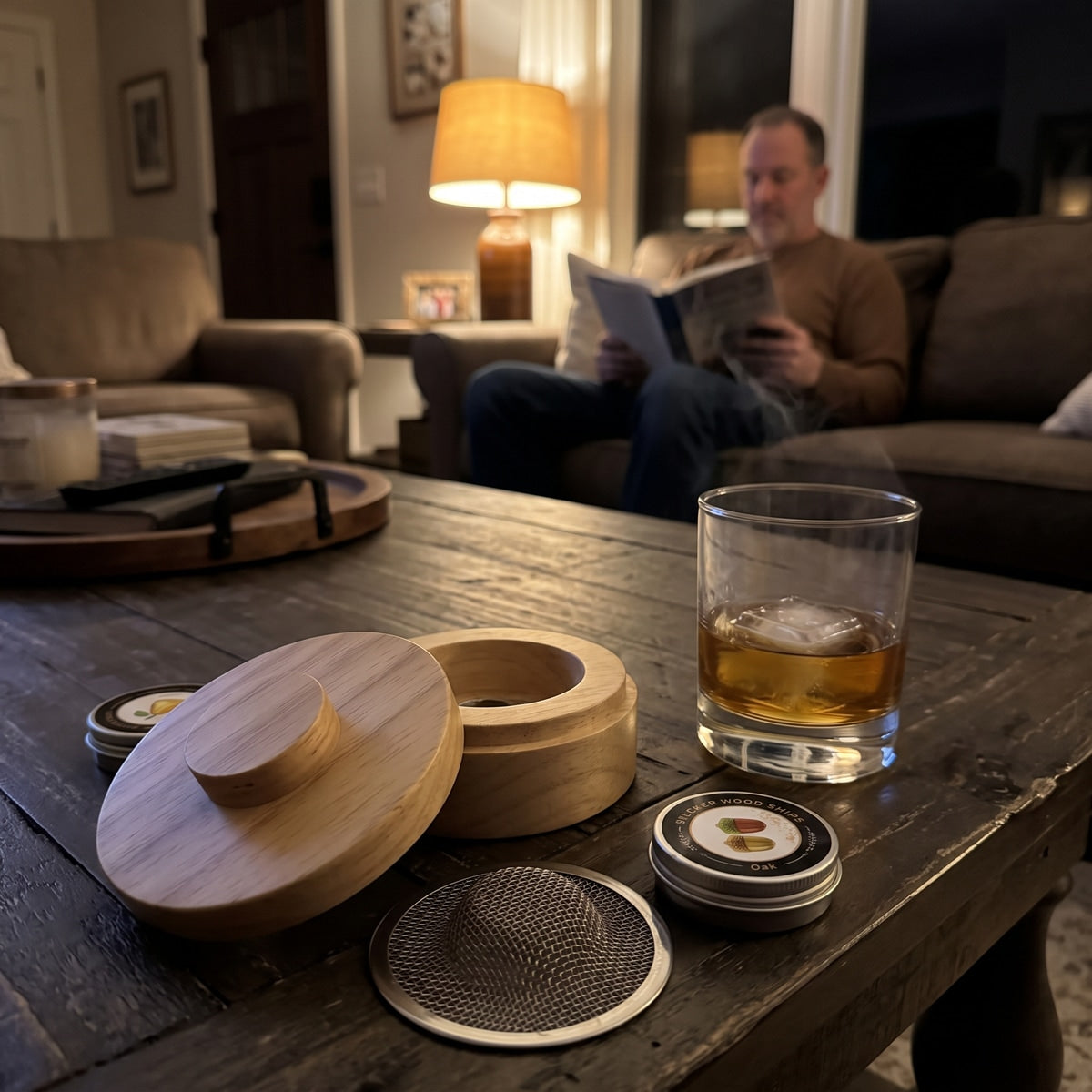 Smoker and whiskey beside a reader at home