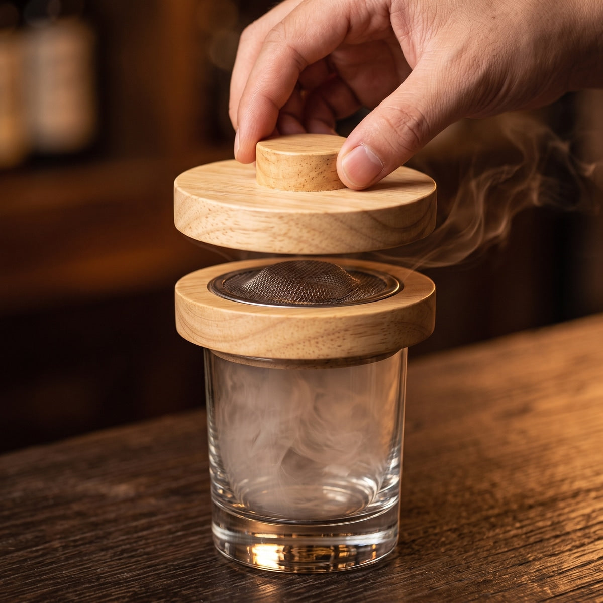 Fingers lifting the wood lid above the smoker