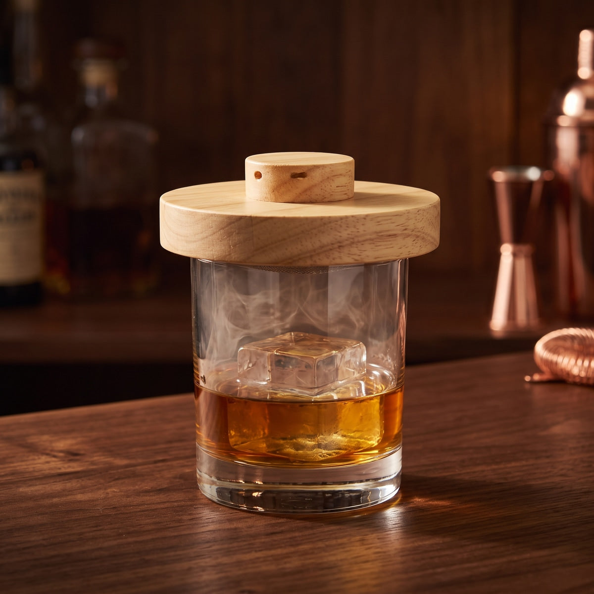 Wood smoker over a smoky whiskey glass