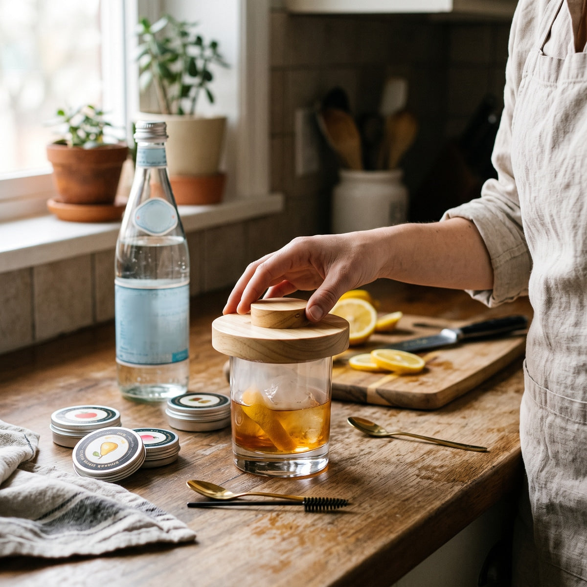 Smoker on an alcohol-free cocktail in a kitchen