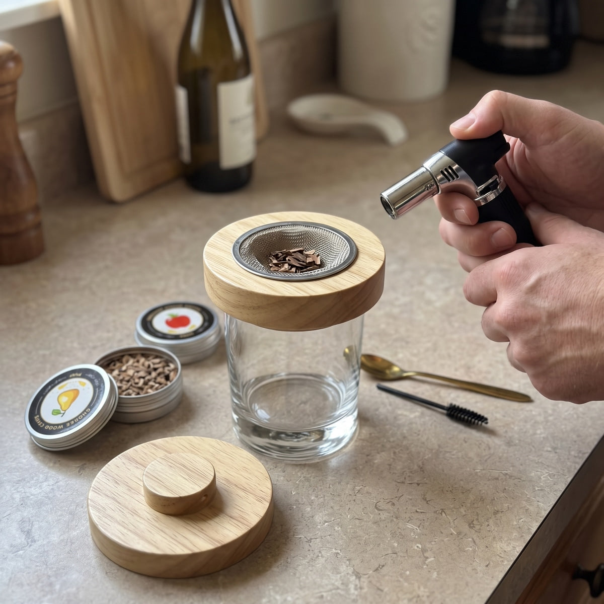 Smoker on a glass beside a separate unlit culinary torch