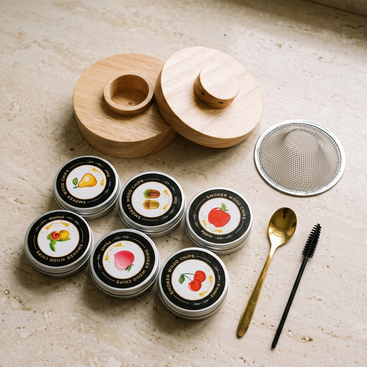 Smoker, lid, filter, spoon, brush and six tins