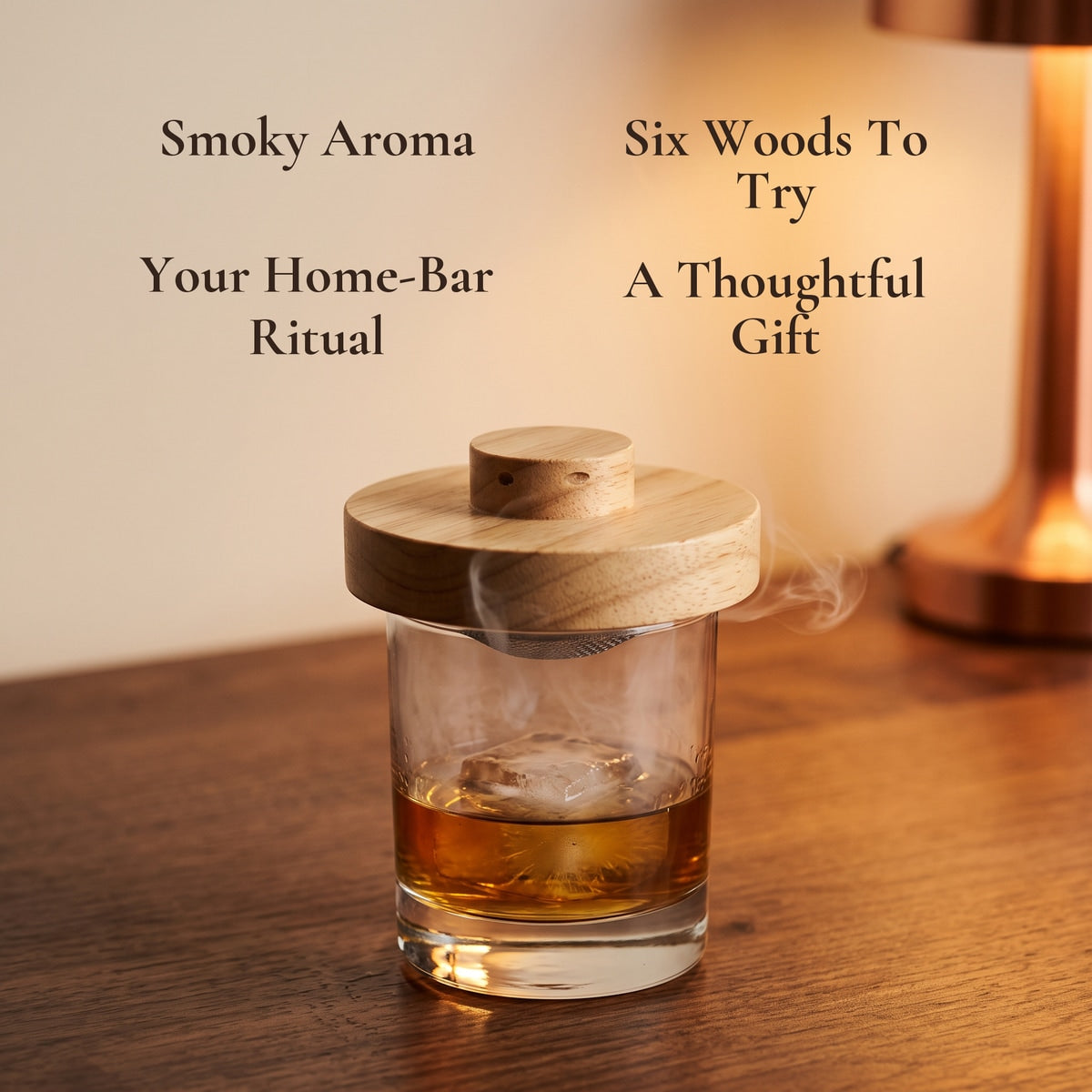 Wood smoker on a glass with benefit callouts