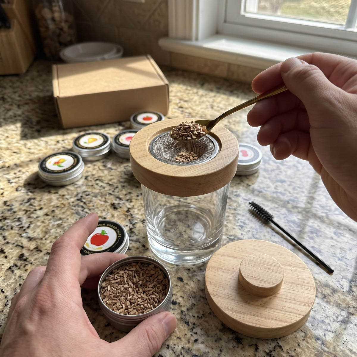 Spoon adding chips to the mesh bowl