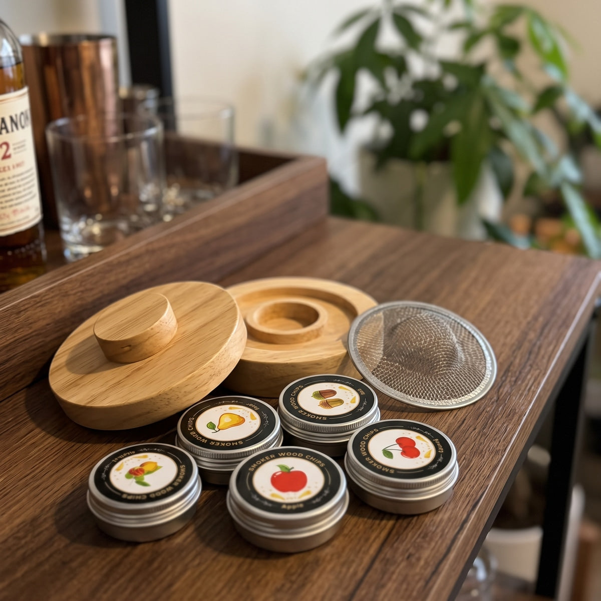 Smoker and six tins on a home bar shelf