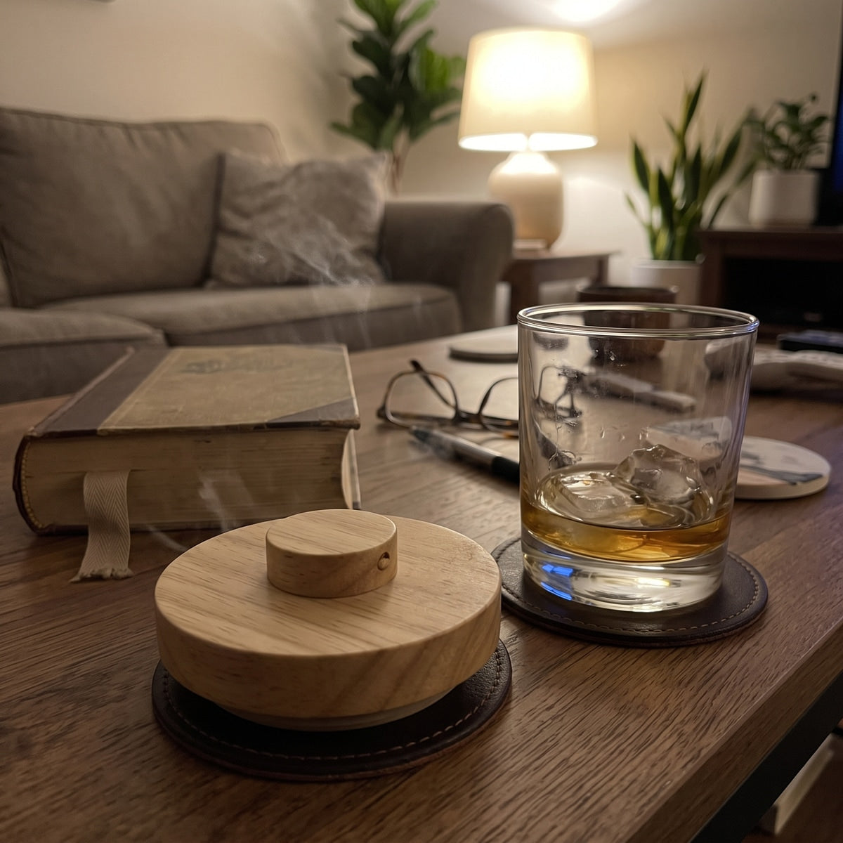 Whiskey and smoker beside a book