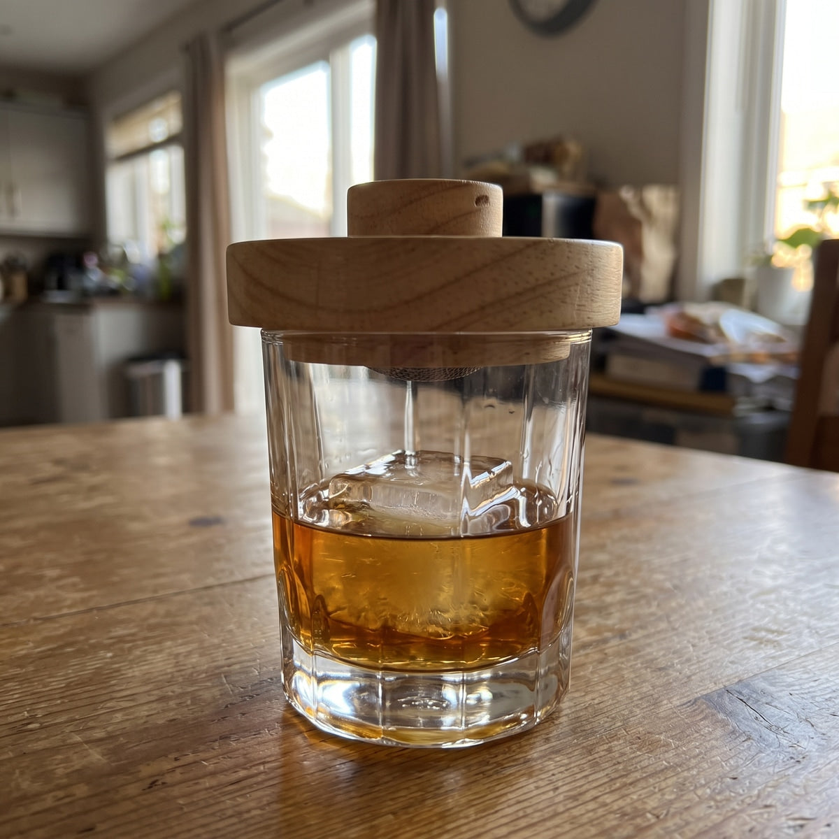 Smoker on whiskey with a clear ice cube