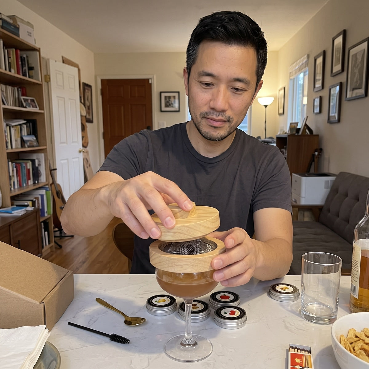 Daniel K. setting the smoker lid onto a glass