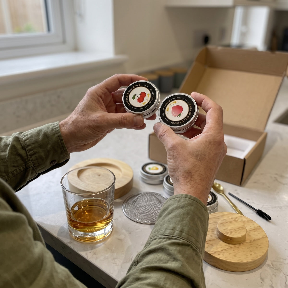 Michael T. comparing two wood-chip tins